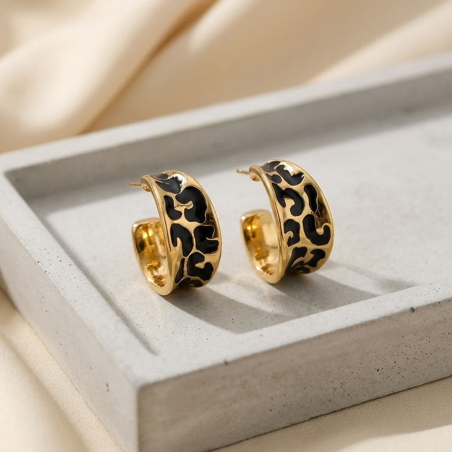 Dainty Enamel Leopard Print Half Hoop Earrings | Gold Wide Animal Pattern J Hoop Stud Earrings for Women