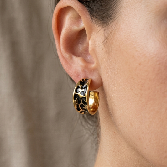 Dainty Enamel Leopard Print Half Hoop Earrings | Gold Wide Animal Pattern J Hoop Stud Earrings for Women