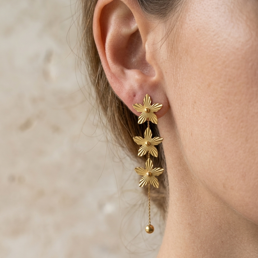 Gold Three Tiered Floral Drop Earrings | Textured Botanical Chain Tassel Dangle Earrings for Women