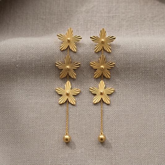 Gold Three Tiered Floral Drop Earrings | Textured Botanical Chain Tassel Dangle Earrings for Women