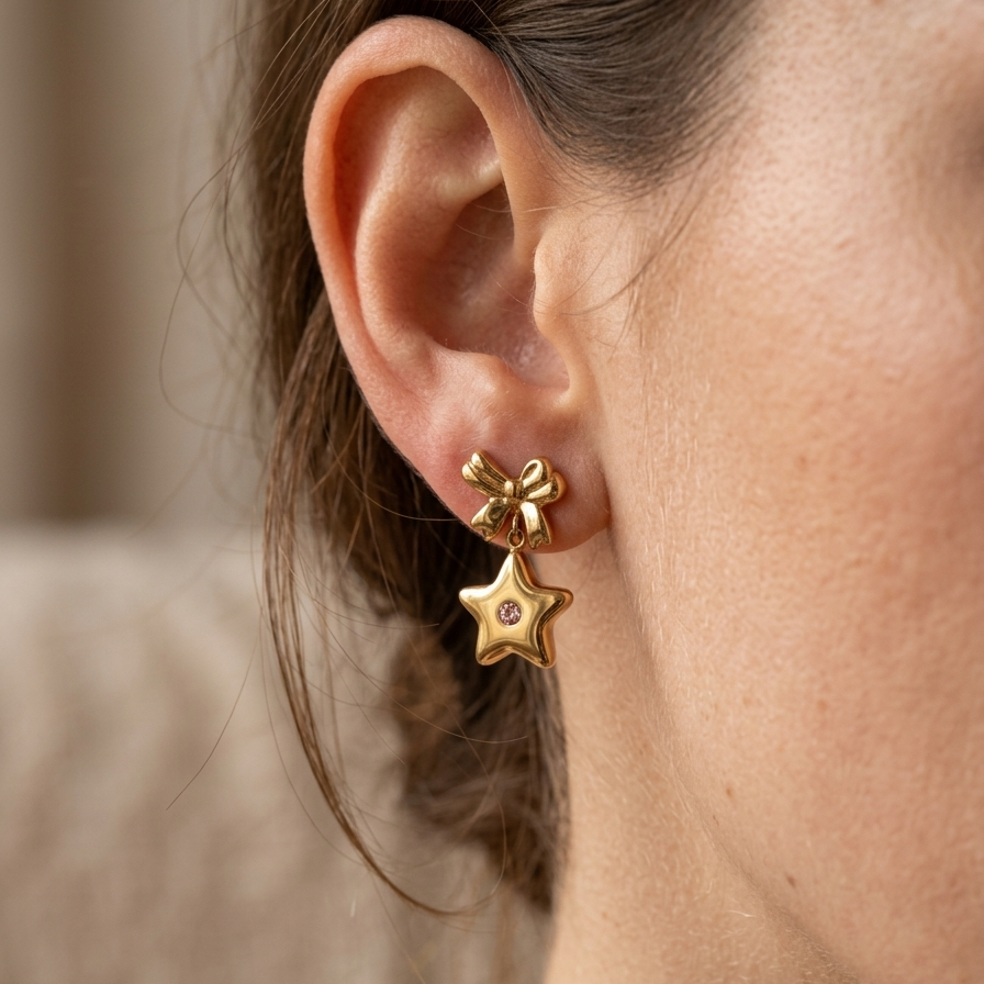 Sweet Gold Ribbon Bow Star Drop Earrings | Pink Crystal Accent Celestial Dangle Earrings for Women