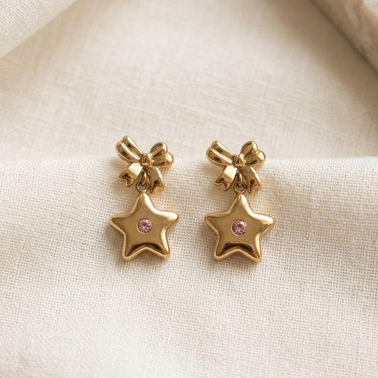 Sweet Gold Ribbon Bow Star Drop Earrings | Pink Crystal Accent Celestial Dangle Earrings for Women