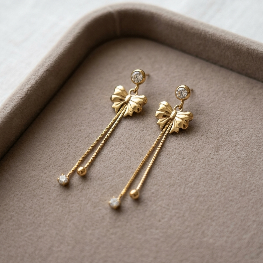 Elegant Gold Ribbed Bow Tassel Earrings | Modern Crystal Accent Long Chain Drop Earrings for Women (Copy)