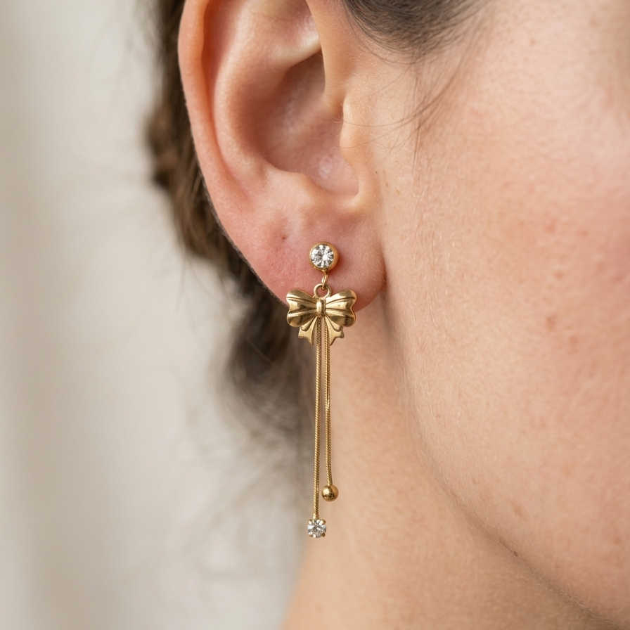 Elegant Gold Ribbed Bow Tassel Earrings | Modern Crystal Accent Long Chain Drop Earrings for Women (Copy)