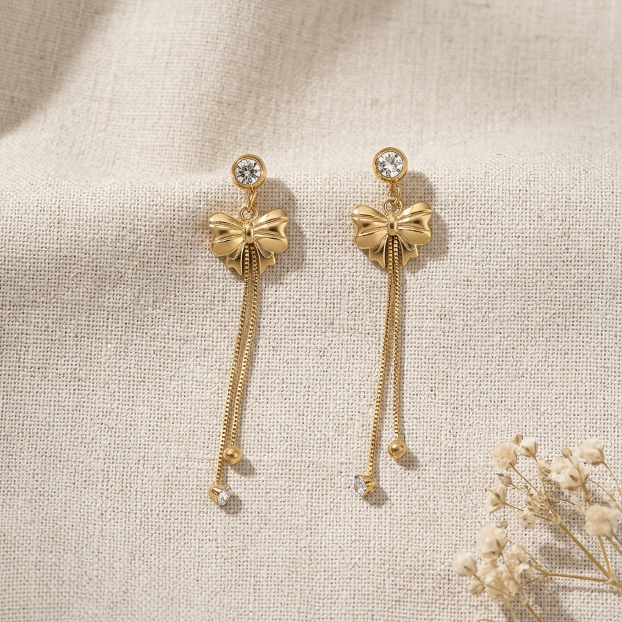 Elegant Gold Ribbed Bow Tassel Earrings | Modern Crystal Accent Long Chain Drop Earrings for Women (Copy)