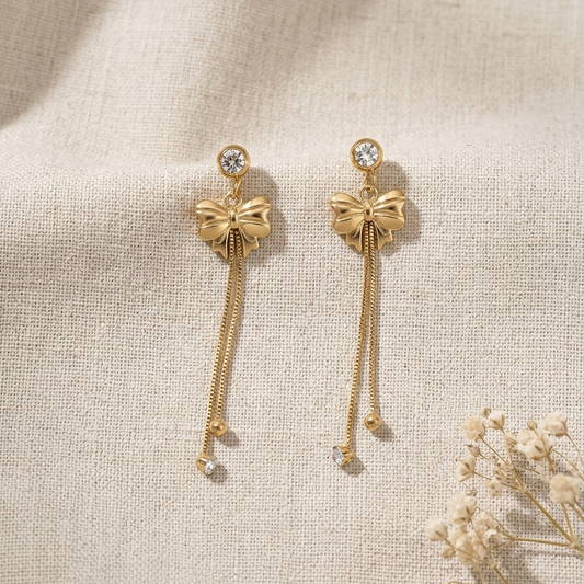 Elegant Gold Ribbed Bow Tassel Earrings | Modern Crystal Accent Long Chain Drop Earrings for Women (Copy)