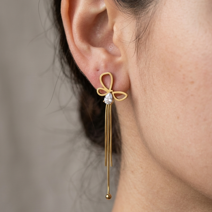 Modern Gold Wire Bow Tassel Earrings | Teardrop Crystal Accent Multi Chain Drop Earrings for Women