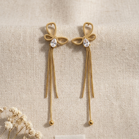 Modern Gold Wire Bow Tassel Earrings | Teardrop Crystal Accent Multi Chain Drop Earrings for Women