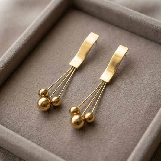 Modern Gold Wave Bar Cluster Earrings | Bold Geometric Multi Bead Long Drop Earrings for Women
