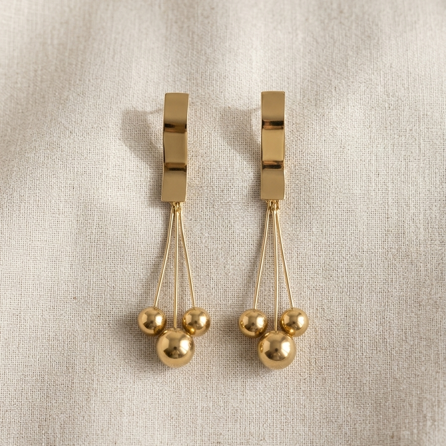 Modern Gold Wave Bar Cluster Earrings | Bold Geometric Multi Bead Long Drop Earrings for Women