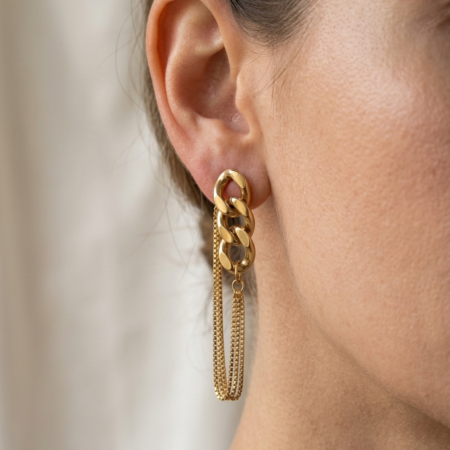 Chunky Gold Curb Link Layered Chain Earrings | Bold Geometric Multi Strand Dangle Statement Earrings for Women