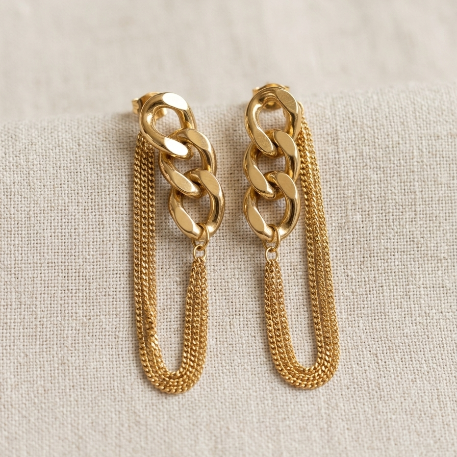 Chunky Gold Curb Link Layered Chain Earrings | Bold Geometric Multi Strand Dangle Statement Earrings for Women