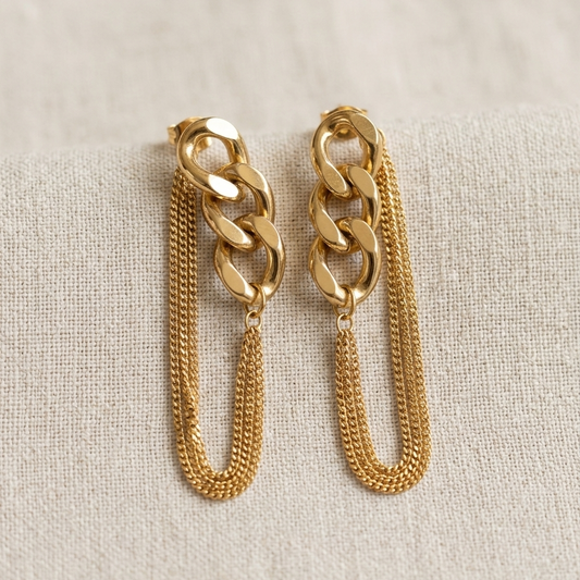 Chunky Gold Curb Link Layered Chain Earrings | Bold Geometric Multi Strand Dangle Statement Earrings for Women