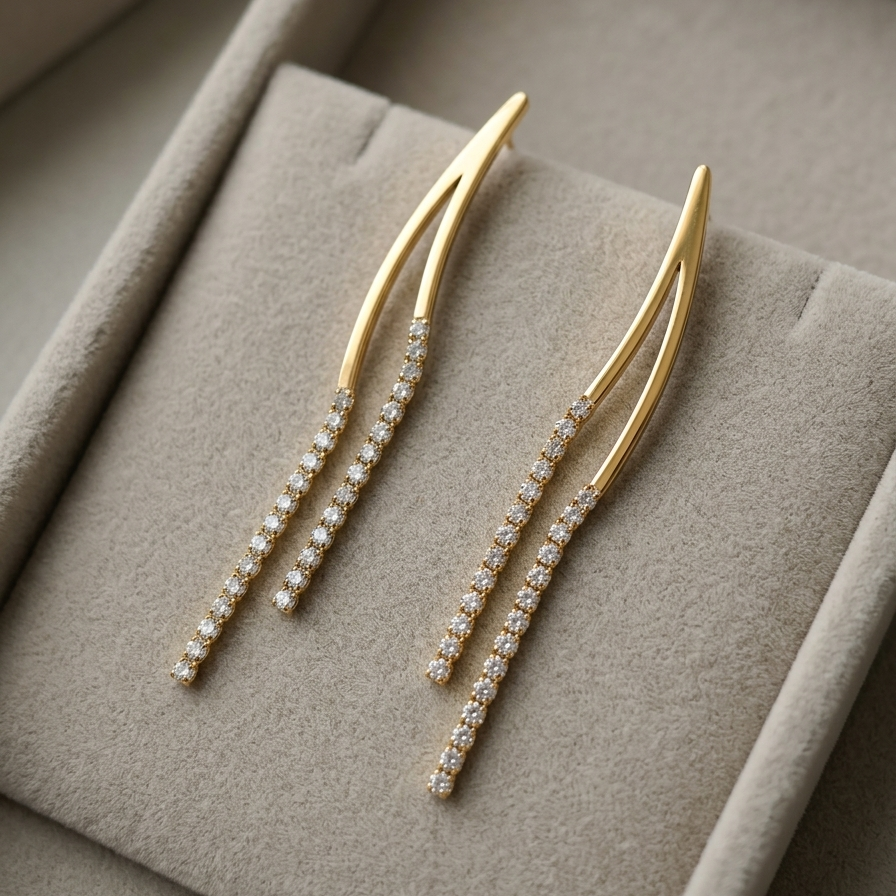 Modern Gold Curved Wave Climber Earrings | Bold Crystal Linear Chain Tassel Statement Earrings for Women
