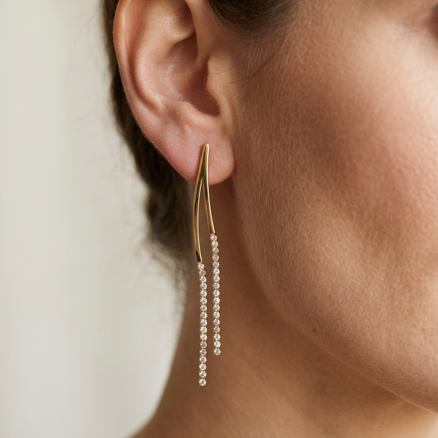 Modern Gold Curved Wave Climber Earrings | Bold Crystal Linear Chain Tassel Statement Earrings for Women
