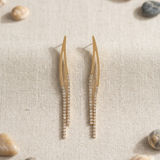 Modern Gold Curved Wave Climber Earrings | Bold Crystal Linear Chain Tassel Statement Earrings for Women