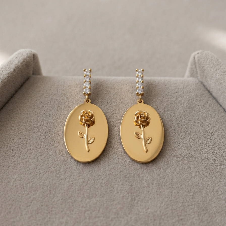 Vintage Gold Rose Medallion Drop Earrings | Elegant Crystal Accent Oval Disc Botanical Dangle Earrings for Women
