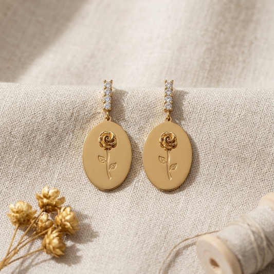 Vintage Gold Rose Medallion Drop Earrings | Elegant Crystal Accent Oval Disc Botanical Dangle Earrings for Women
