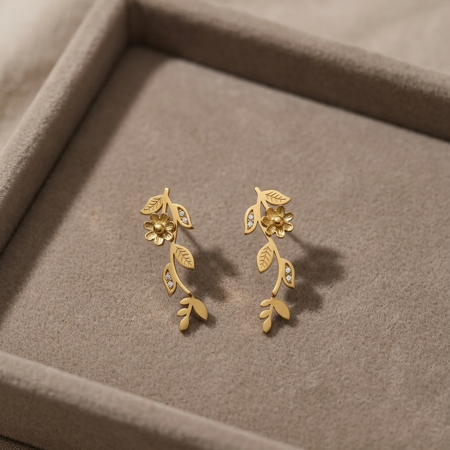 Textured Gold Floral Vine Dropped Earrings | Bold Crystal Leaf Branch Botanical Statement Earrings for Women