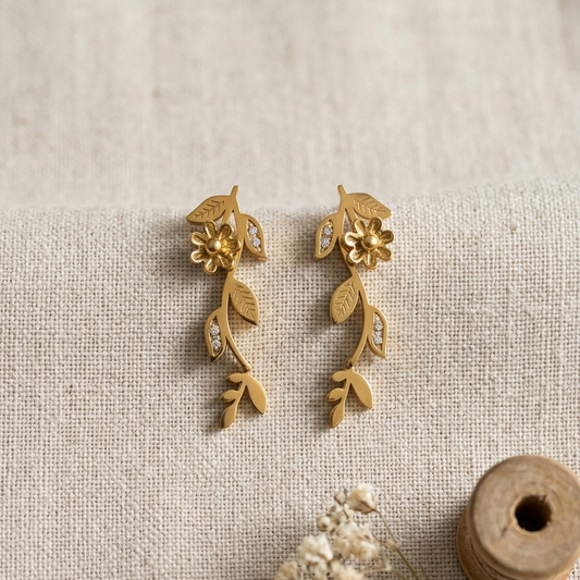 Textured Gold Floral Vine Dropped Earrings | Bold Crystal Leaf Branch Botanical Statement Earrings for Women