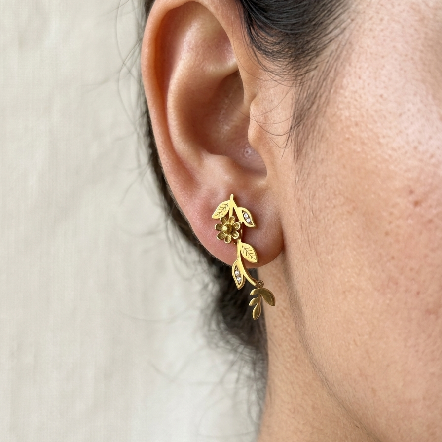 Textured Gold Floral Vine Dropped Earrings | Bold Crystal Leaf Branch Botanical Statement Earrings for Women