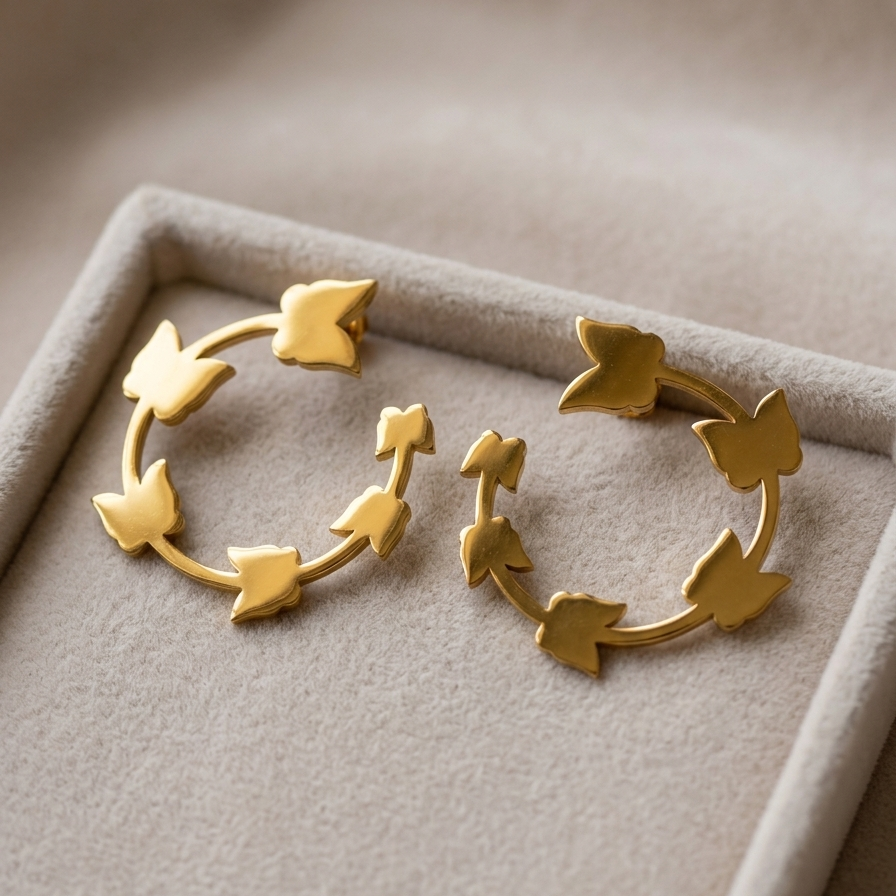 Textured Gold Ivy Leaf Hoop Earrings | Bold Open C Shaped Botanical Vine Statement Earrings for Women