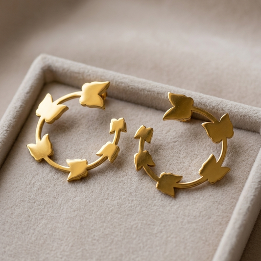 Textured Gold Ivy Leaf Hoop Earrings | Bold Open C Shaped Botanical Vine Statement Earrings for Women