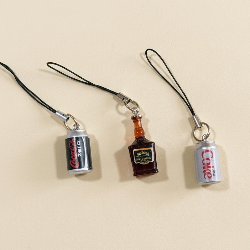 Miniature Beverage Can & Bottle Phone Charm | Cute Soda & Whiskey Mobile Charm