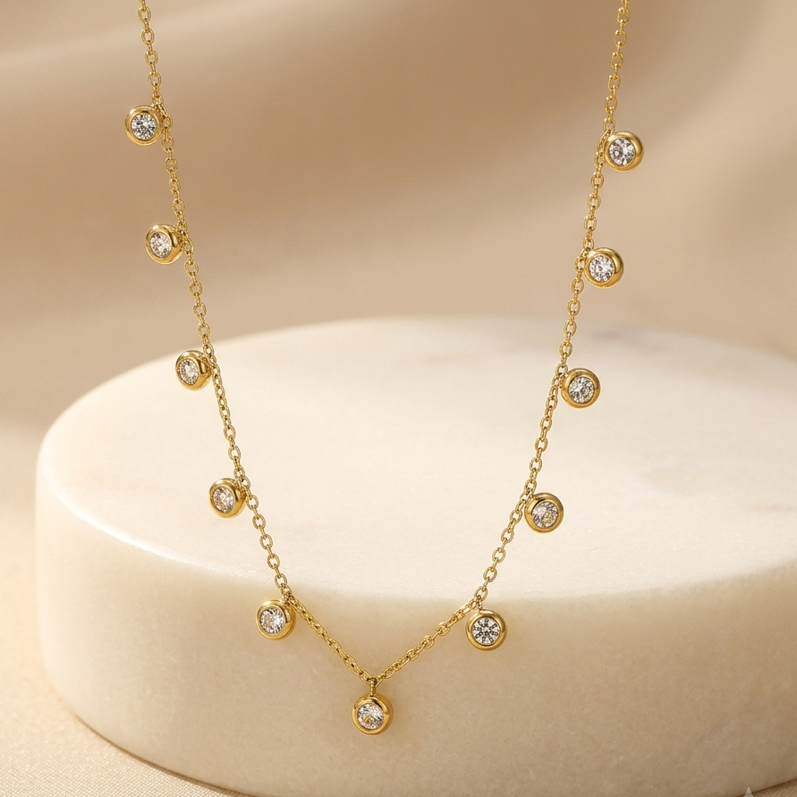 Premium Gold Bezel Crystal Station Necklace | 13 Stone Round Cut Droplet Shimmering Statement Choker for Women