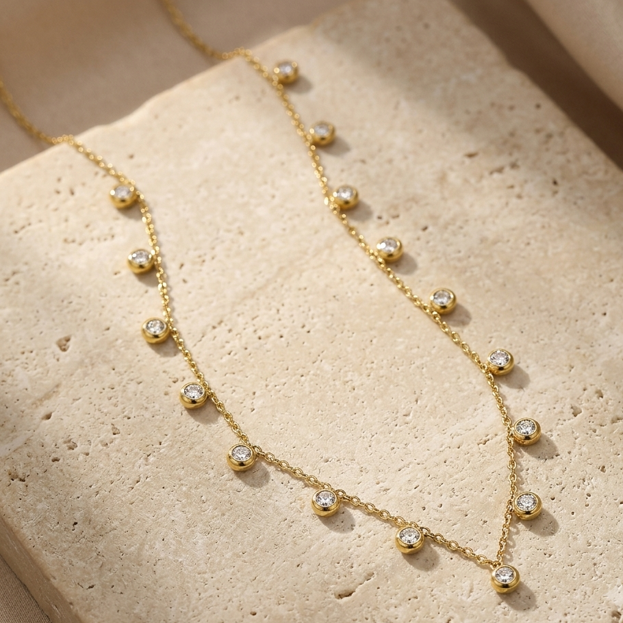 Premium Gold Bezel Crystal Station Necklace | 13 Stone Round Cut Droplet Shimmering Statement Choker for Women