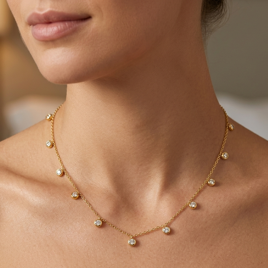 Premium Gold Bezel Crystal Station Necklace | 13 Stone Round Cut Droplet Shimmering Statement Choker for Women