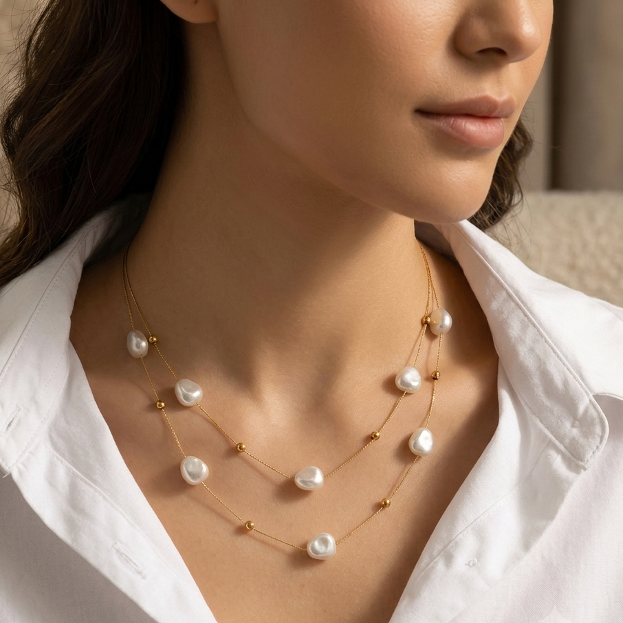 Layered Gold Baroque Pearl Station Necklace | Double Strand Organic Cultured Pearl Floating Statement Choker for Women