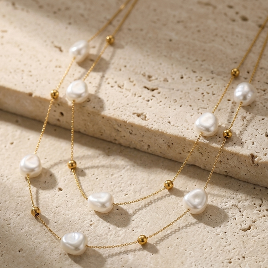 Layered Gold Baroque Pearl Station Necklace | Double Strand Organic Cultured Pearl Floating Statement Choker for Women
