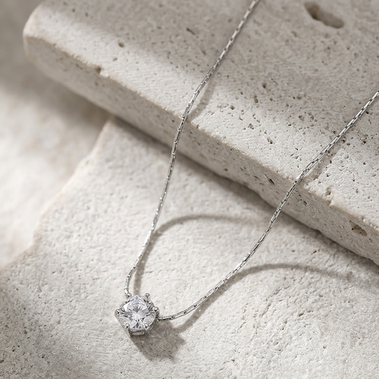 Classic Silver Round Solitaire Pendant Necklace | Sparkling Textured Chain Six Prong Crystal Statement Choker for Women