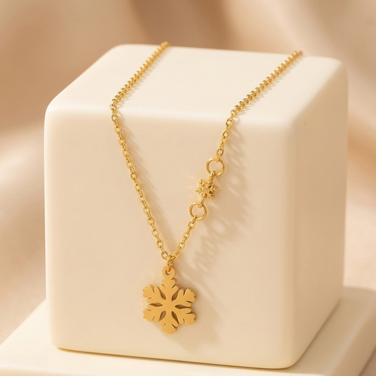 Gold Modern Snowflake Pendant Necklace | Structural Winter Statement Cutout Festive Charm Choker for Women