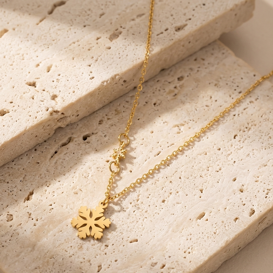 Gold Modern Snowflake Pendant Necklace | Structural Winter Statement Cutout Festive Charm Choker for Women