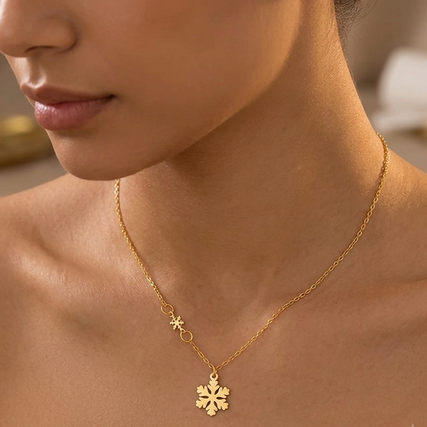 Gold Modern Snowflake Pendant Necklace | Structural Winter Statement Cutout Festive Charm Choker for Women