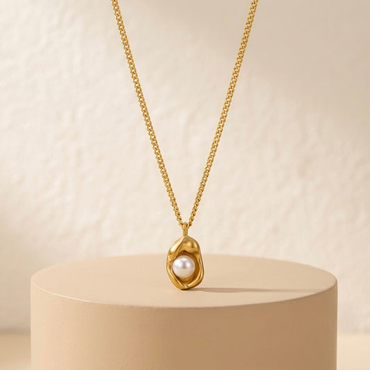 Sculptural Molten Gold Pearl Pendant Necklace | Organic Abstract Oyster Shell Charm Textured Statement Choker for Women