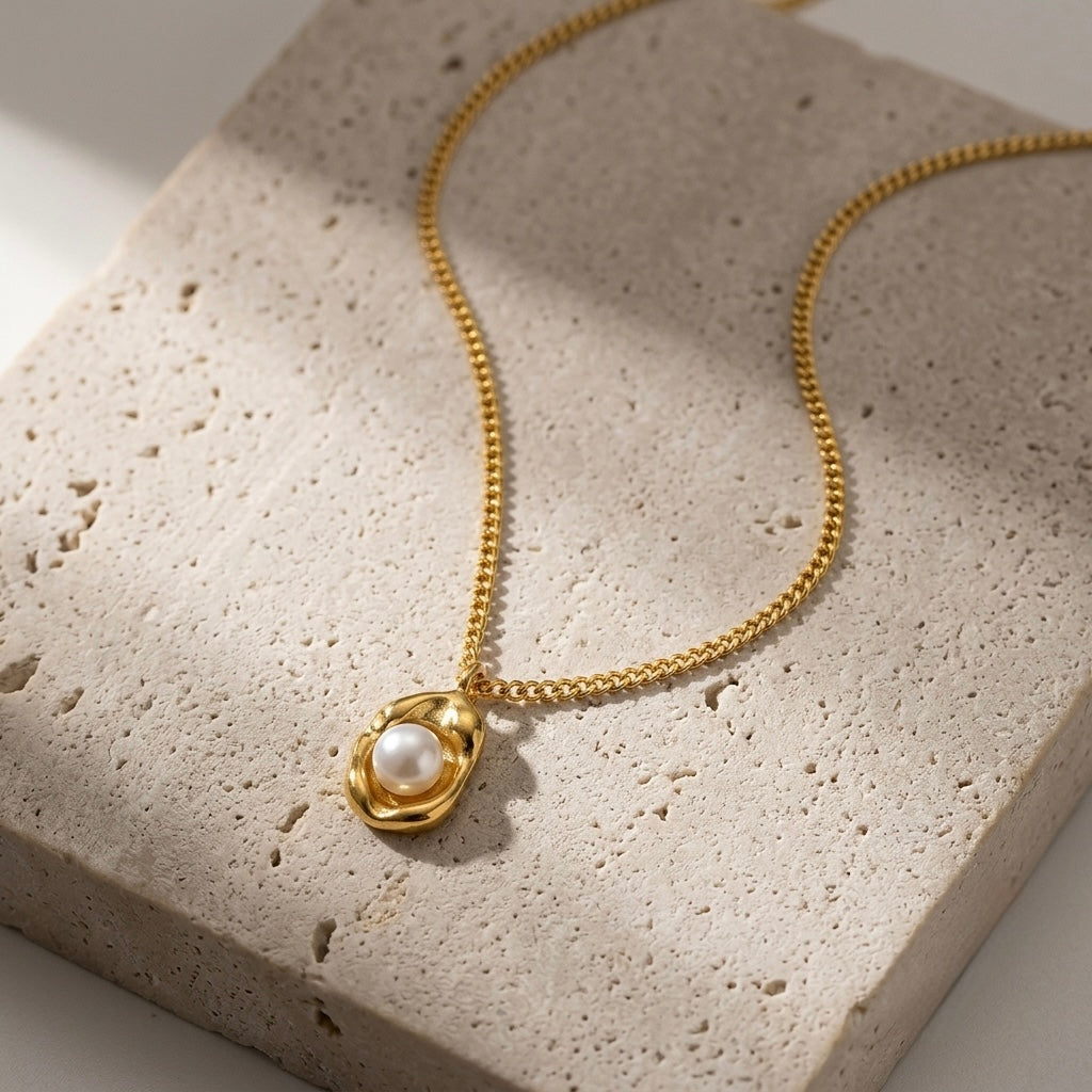 Sculptural Molten Gold Pearl Pendant Necklace | Organic Abstract Oyster Shell Charm Textured Statement Choker for Women