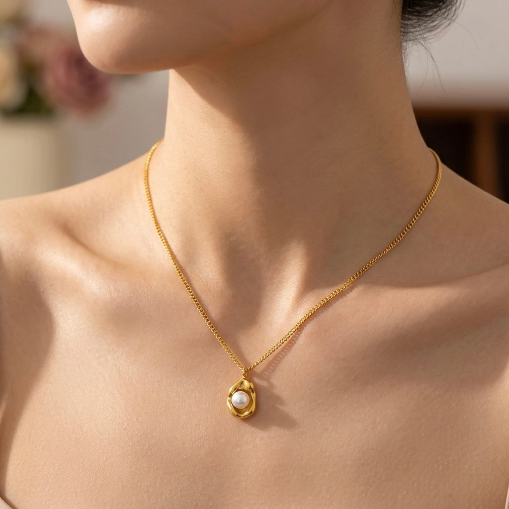 Sculptural Molten Gold Pearl Pendant Necklace | Organic Abstract Oyster Shell Charm Textured Statement Choker for Women
