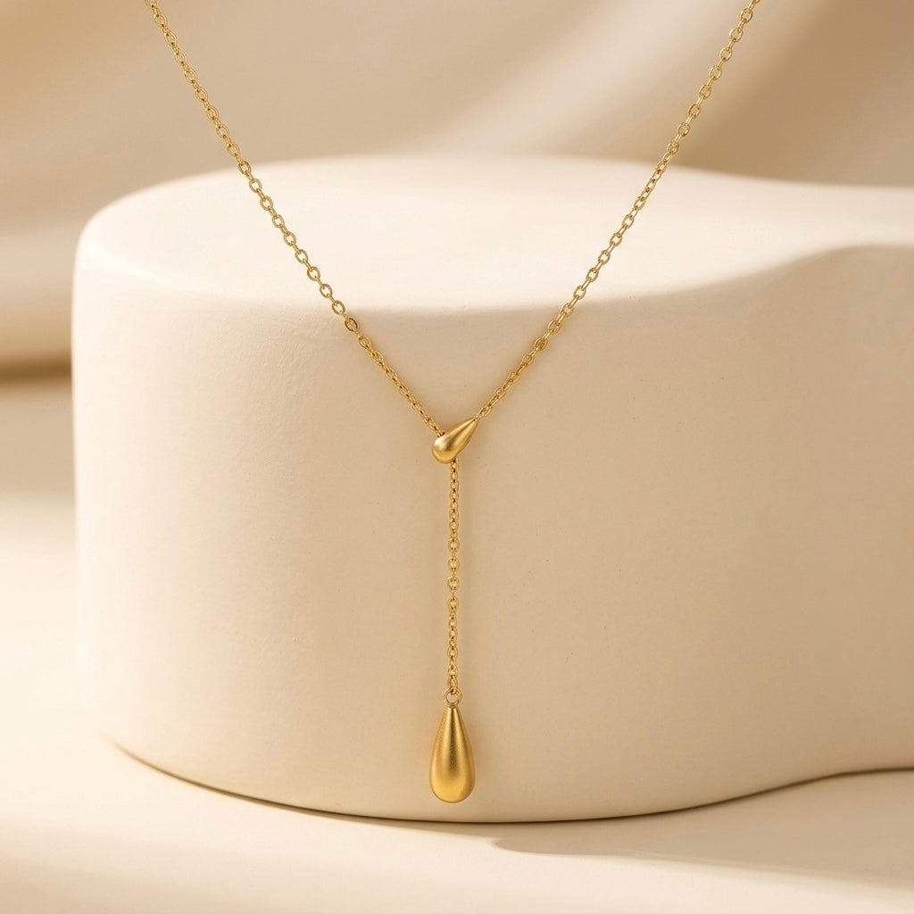 Gold Modern Y-Lariat Drop Necklace | Structural Molten Teardrop Pendant Sleek Architectural Statement Choker for Women