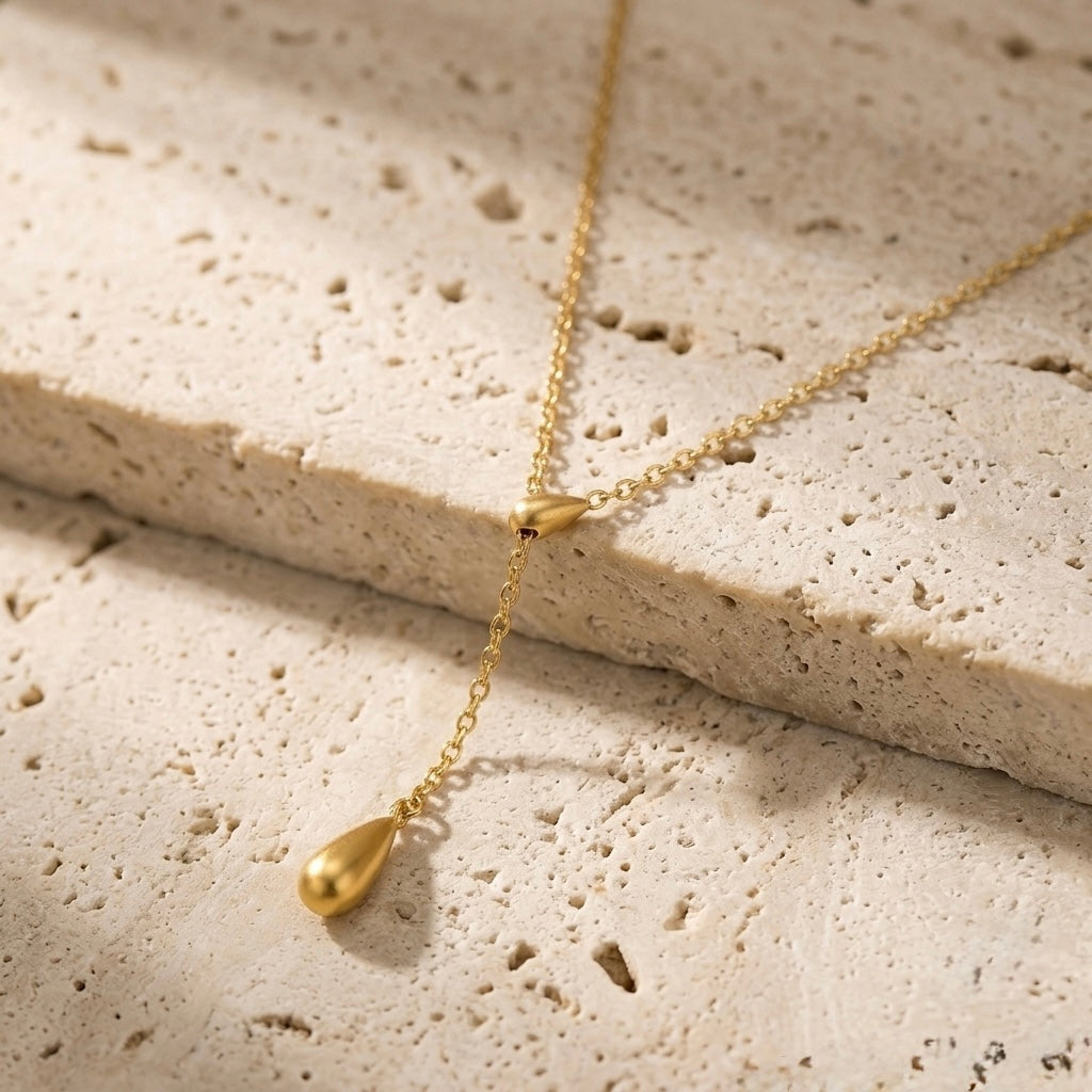 Gold Modern Y-Lariat Drop Necklace | Structural Molten Teardrop Pendant Sleek Architectural Statement Choker for Women