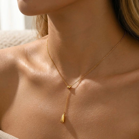 Gold Modern Y-Lariat Drop Necklace | Structural Molten Teardrop Pendant Sleek Architectural Statement Choker for Women