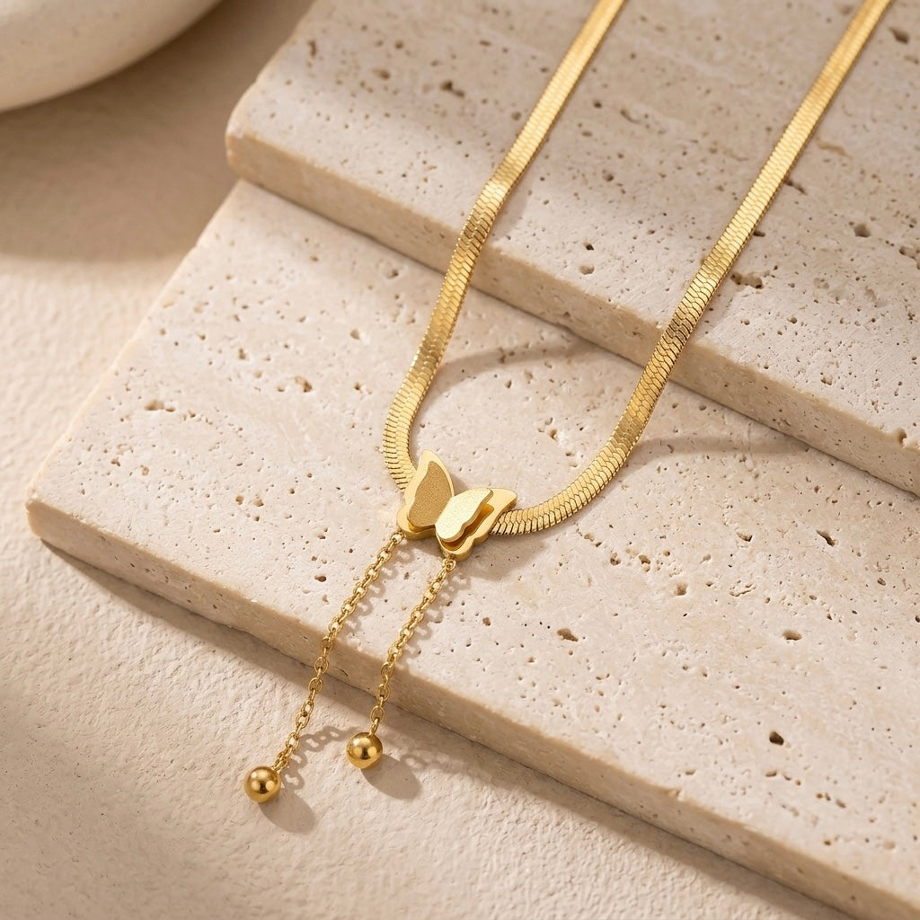 Gold Butterfly Herringbone Drop Necklace | Structural Flat Snake Chain Lariat Tassel Statement Choker for Women