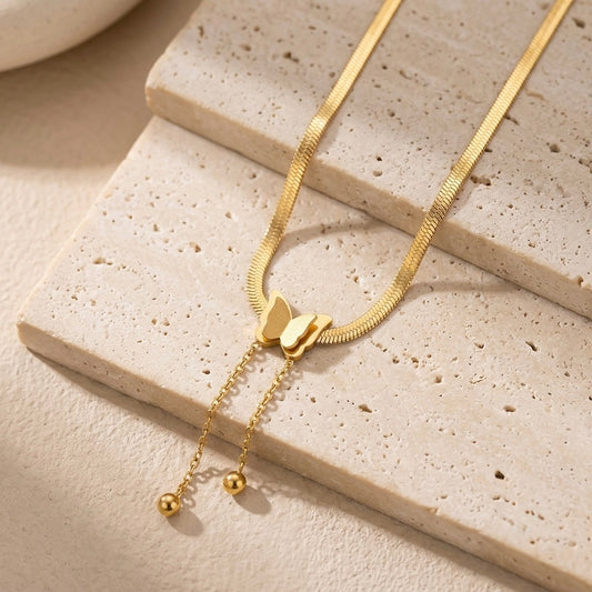 Gold Butterfly Herringbone Drop Necklace | Structural Flat Snake Chain Lariat Tassel Statement Choker for Women