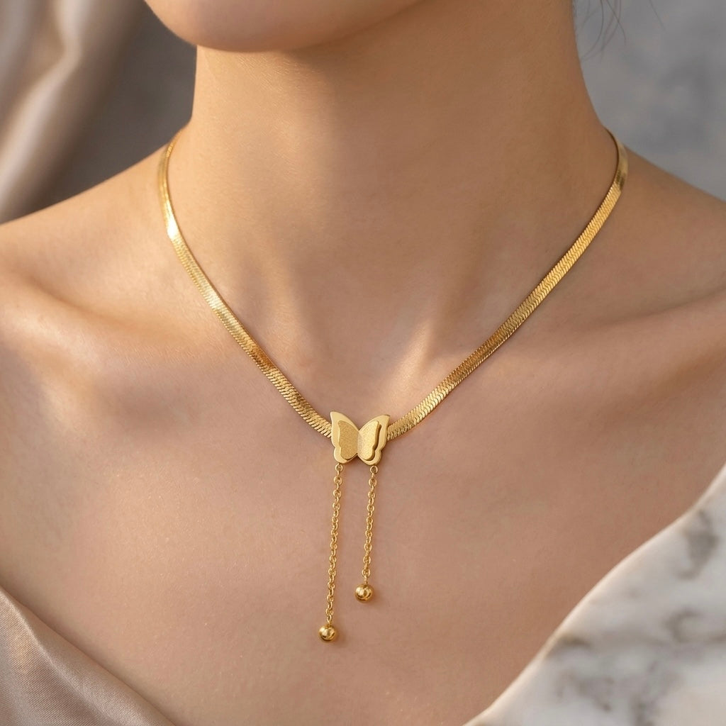 Gold Butterfly Herringbone Drop Necklace | Structural Flat Snake Chain Lariat Tassel Statement Choker for Women