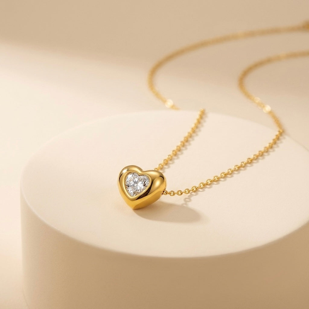 Chunky Gold White Crystal Heart Pendant Necklace | Dimensional Puffed Heart Bezel-Set Statement Cable Chain Choker for Women