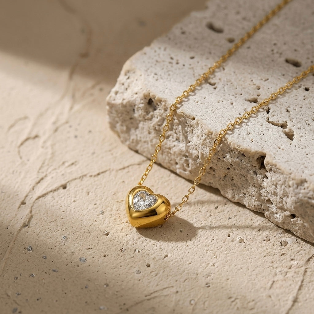 Chunky Gold White Crystal Heart Pendant Necklace | Dimensional Puffed Heart Bezel-Set Statement Cable Chain Choker for Women