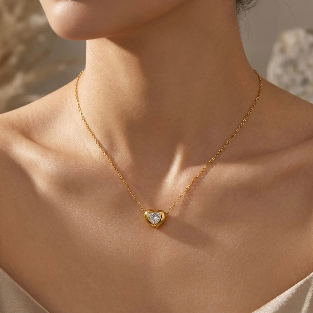 Chunky Gold White Crystal Heart Pendant Necklace | Dimensional Puffed Heart Bezel-Set Statement Cable Chain Choker for Women