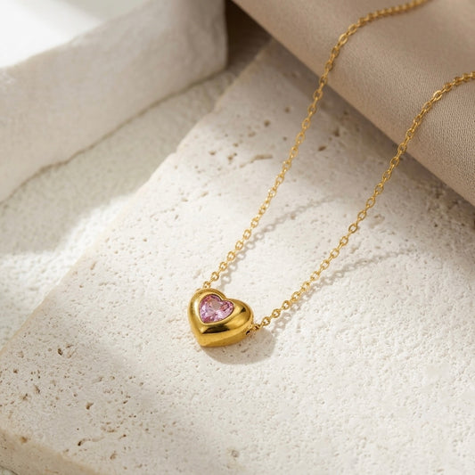 Chunky Gold Pink Crystal Heart Pendant Necklace | Dimensional Puffed Heart Bezel-Set Statement Cable Chain Choker for Wom